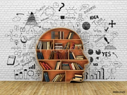 Picture of Wood Bookshelf in the Shape of Human Head and books near break w